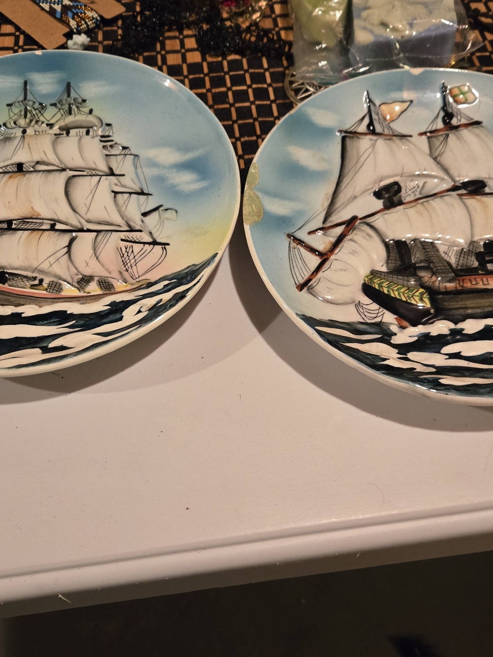 Hand-Painted Sailing Ship Decorative Plates - Blue & White